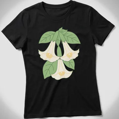 Kawaii line-art of Angel's trumpet flowers in light yellow and green — printed on a women's shirt