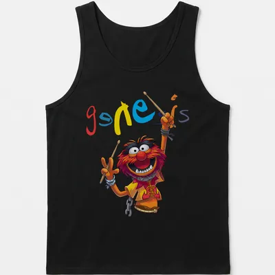 Cartoon style T-shirt featuring Animal Drummer from The Muppets in vibrant colors. — printed on a tank top