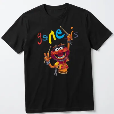 Cartoon style T-shirt featuring Animal Drummer from The Muppets in vibrant colors.