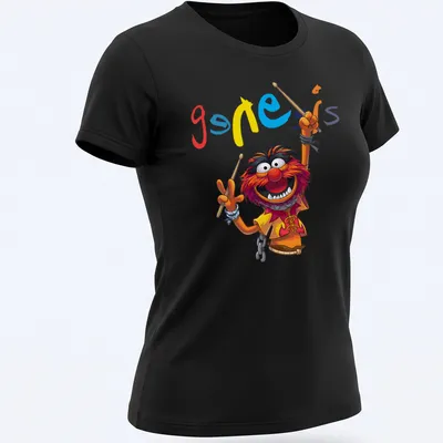 Cartoon style T-shirt featuring Animal Drummer from The Muppets in vibrant colors. — printed on a women's shirt