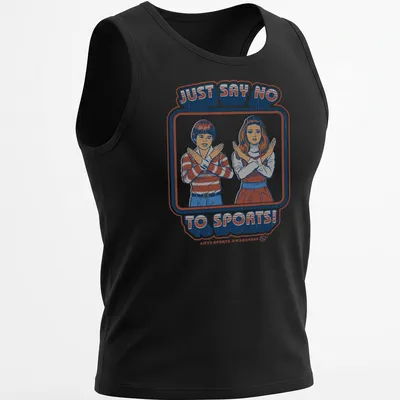 Retro distressed T-shirt with children making no gestures and text saying Just Say No to Sports — printed on a tank top