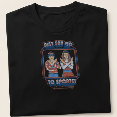Retro distressed T-shirt with children making no gestures and text saying Just Say No to Sports