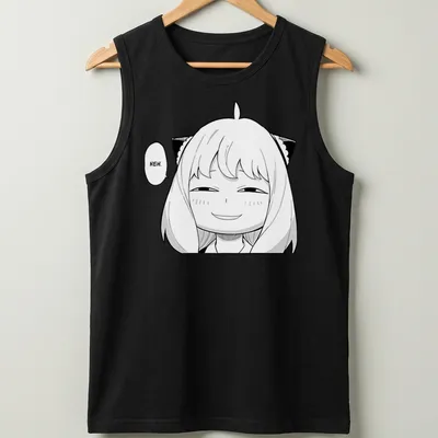 Anya from Spy X Family manga-style illustration with the word 'HEH.' — printed on a tank top