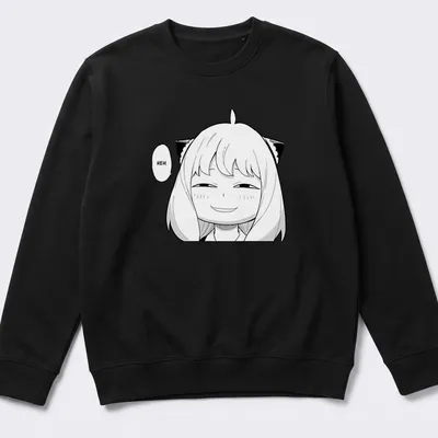 Anya from Spy X Family manga-style illustration with the word 'HEH.' — printed on a unisex sweatshirt