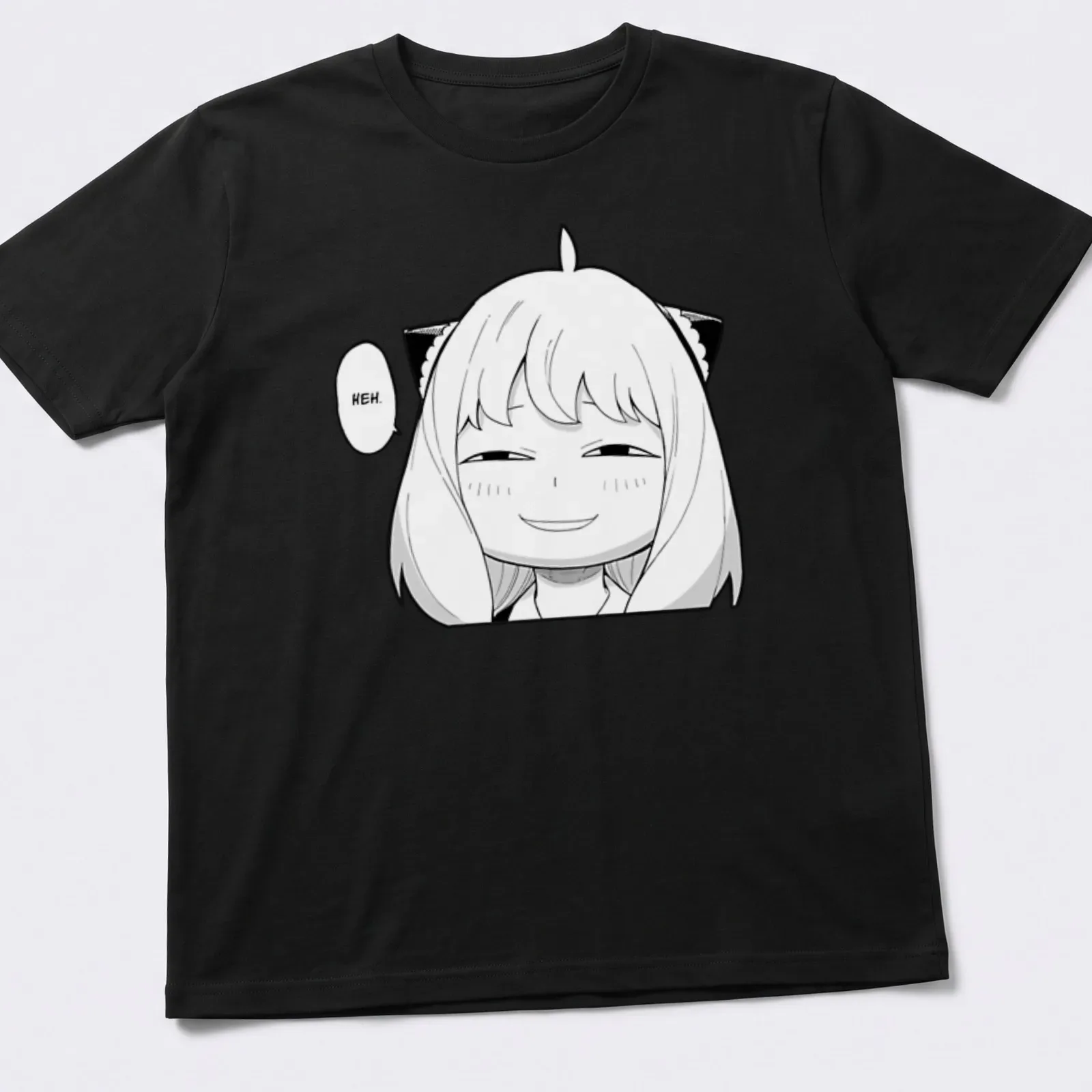 Anya from Spy X Family manga-style illustration with the word 'HEH.' — printed on a unisex t-shirt