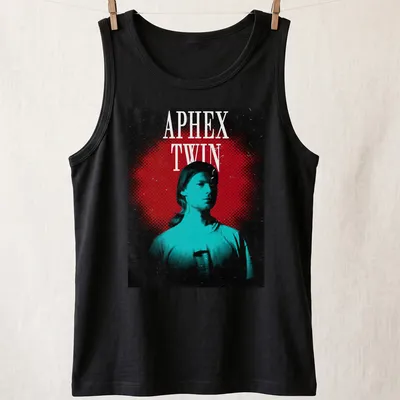 Retro graphic tee featuring a bold portrait of Aphex Twin with colorful text. — printed on a tank top