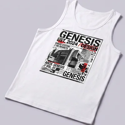 Grunge industrial T-shirt featuring bold architectural design text in black, white, red, and gray. — printed on a tank top