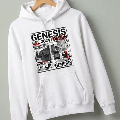 Grunge industrial T-shirt featuring bold architectural design text in black, white, red, and gray. — printed on a unisex hoodie