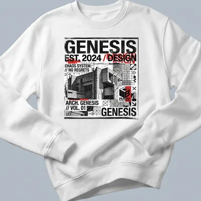 Grunge industrial T-shirt featuring bold architectural design text in black, white, red, and gray. — printed on a unisex sweatshirt