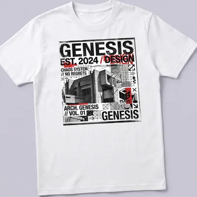 Grunge industrial T-shirt featuring bold architectural design text in black, white, red, and gray. — printed on a unisex t-shirt