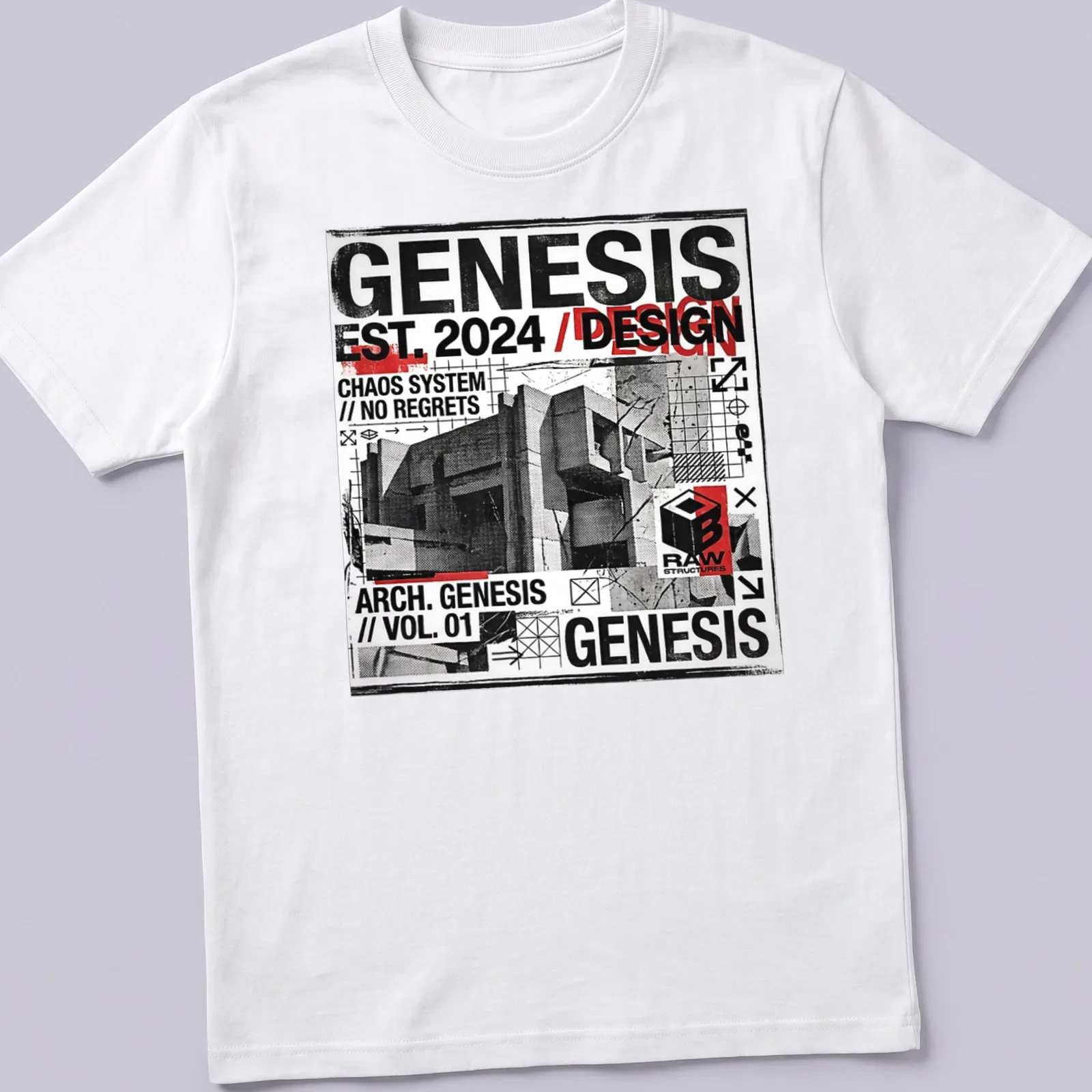 Grunge industrial T-shirt featuring bold architectural design text in black, white, red, and gray. — printed on a unisex t-shirt