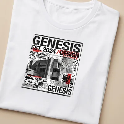 Grunge industrial T-shirt featuring bold architectural design text in black, white, red, and gray. — printed on a women's shirt