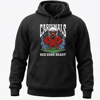 Cartoon Arizona Cardinals mascot with bold text in red, black, and white — printed on a unisex hoodie