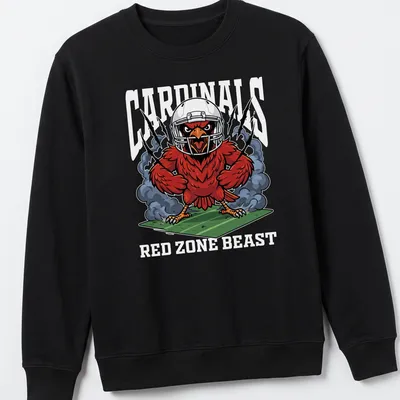 Cartoon Arizona Cardinals mascot with bold text in red, black, and white — printed on a unisex sweatshirt