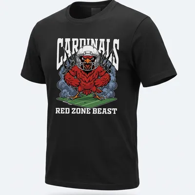 Cartoon Arizona Cardinals mascot with bold text in red, black, and white