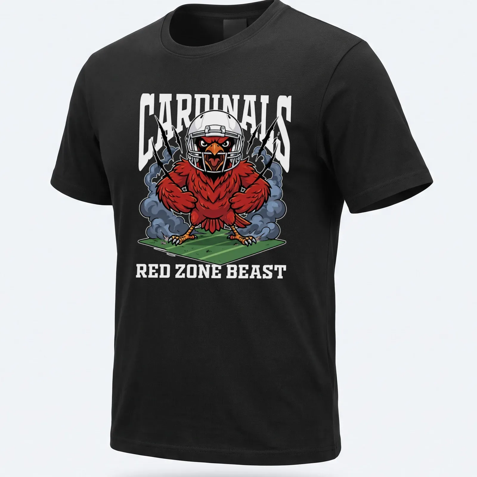 Cartoon Arizona Cardinals mascot with bold text in red, black, and white — printed on a unisex t-shirt