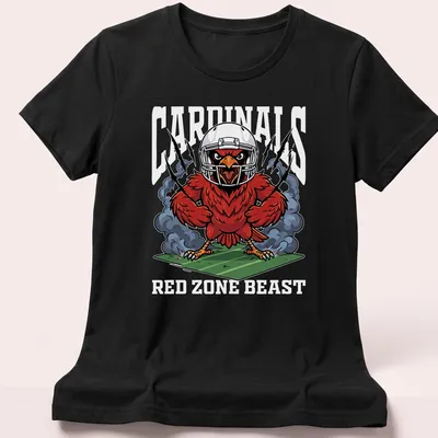 Cartoon Arizona Cardinals mascot with bold text in red, black, and white — printed on a women's shirt
