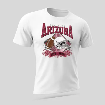 Vintage retro Arizona Football t-shirt with a helmet and football illustration — printed on a unisex t-shirt (angled view)