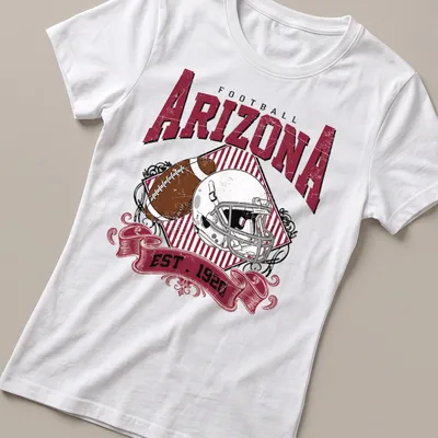 Vintage retro Arizona Football t-shirt with a helmet and football illustration — printed on a women's shirt