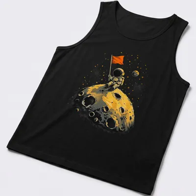 Vintage astronaut on the moon with flag in yellow and gold tones — printed on a tank top