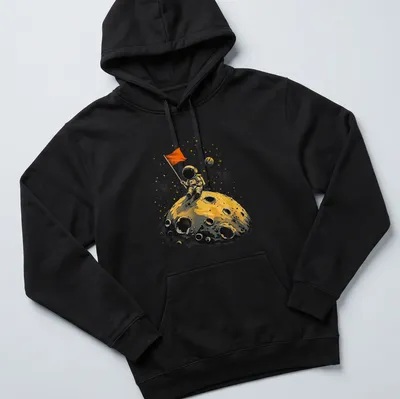 Vintage astronaut on the moon with flag in yellow and gold tones — printed on a unisex hoodie