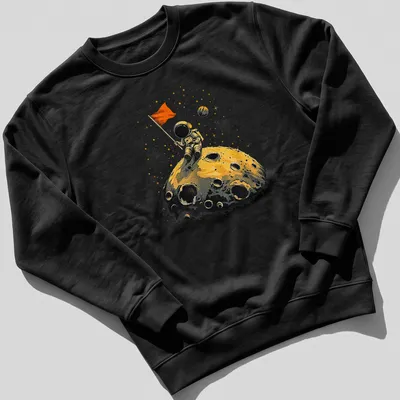 Vintage astronaut on the moon with flag in yellow and gold tones — printed on a unisex sweatshirt