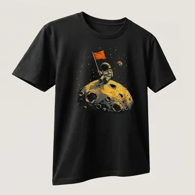Vintage astronaut on the moon with flag in yellow and gold tones — printed on a unisex t-shirt (angled view)