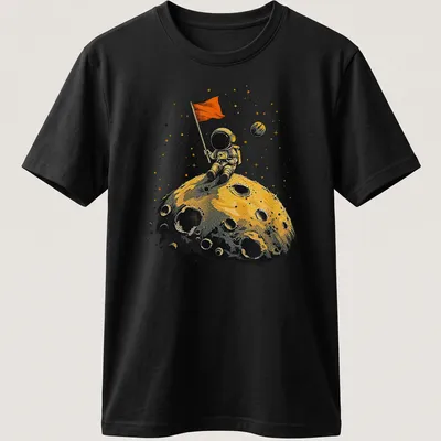 Vintage astronaut on the moon with flag in yellow and gold tones