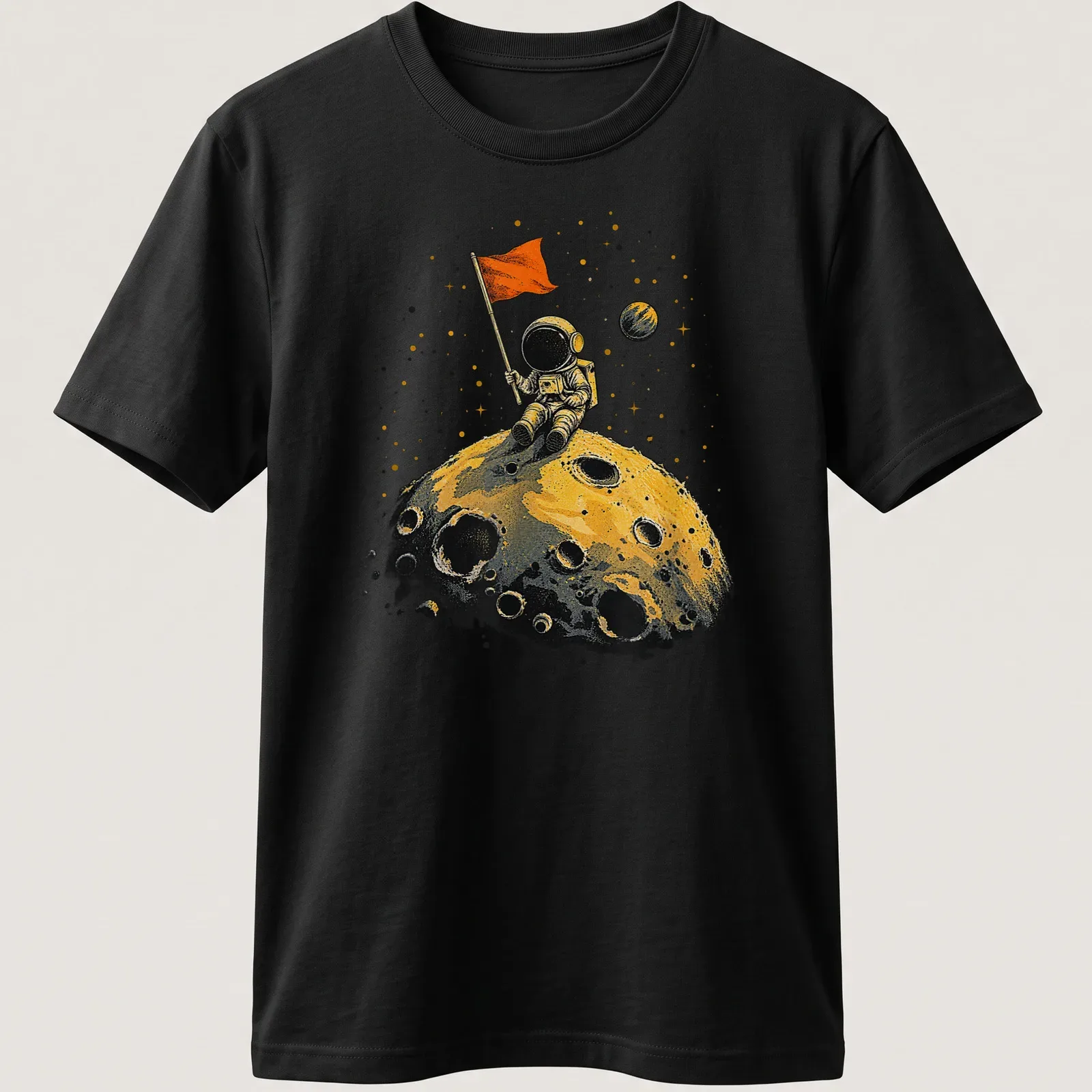 Vintage astronaut on the moon with flag in yellow and gold tones — printed on a unisex t-shirt