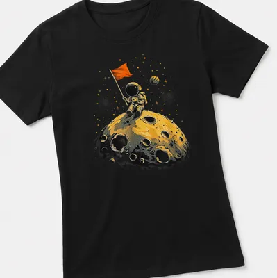 Vintage astronaut on the moon with flag in yellow and gold tones — printed on a women's shirt