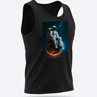 Realistic print of an astronaut sitting on Earth against a starry background — printed on a tank top