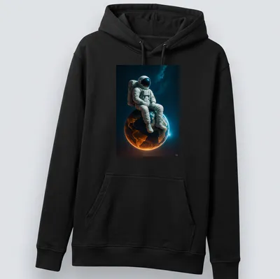 Realistic print of an astronaut sitting on Earth against a starry background — printed on a unisex hoodie