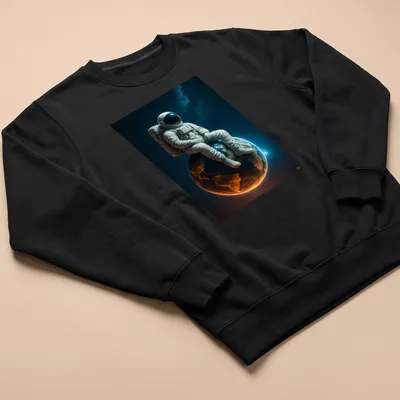 Realistic print of an astronaut sitting on Earth against a starry background — printed on a unisex sweatshirt