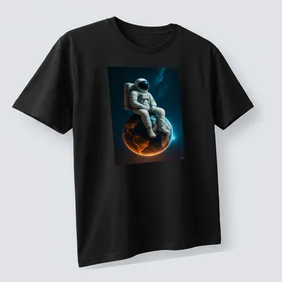 Realistic print of an astronaut sitting on Earth against a starry background — printed on a unisex t-shirt (angled view)