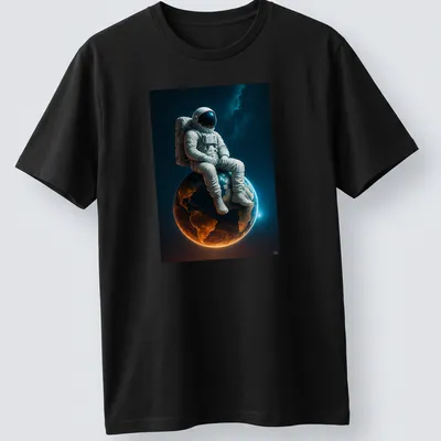 Realistic print of an astronaut sitting on Earth against a starry background