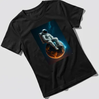 Realistic print of an astronaut sitting on Earth against a starry background — printed on a women's shirt