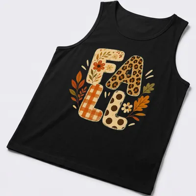 Whimsical illustration of autumn leaves and flowers with F A L L text — printed on a tank top