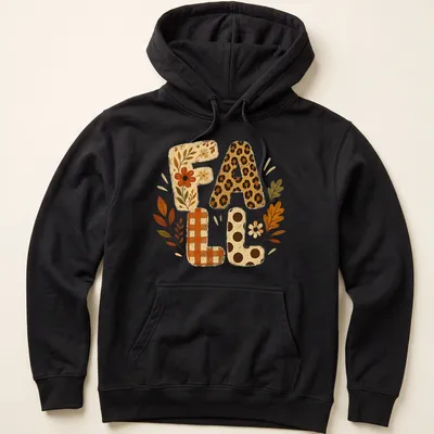 Whimsical illustration of autumn leaves and flowers with F A L L text — printed on a unisex hoodie
