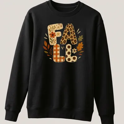 Whimsical illustration of autumn leaves and flowers with F A L L text — printed on a unisex sweatshirt