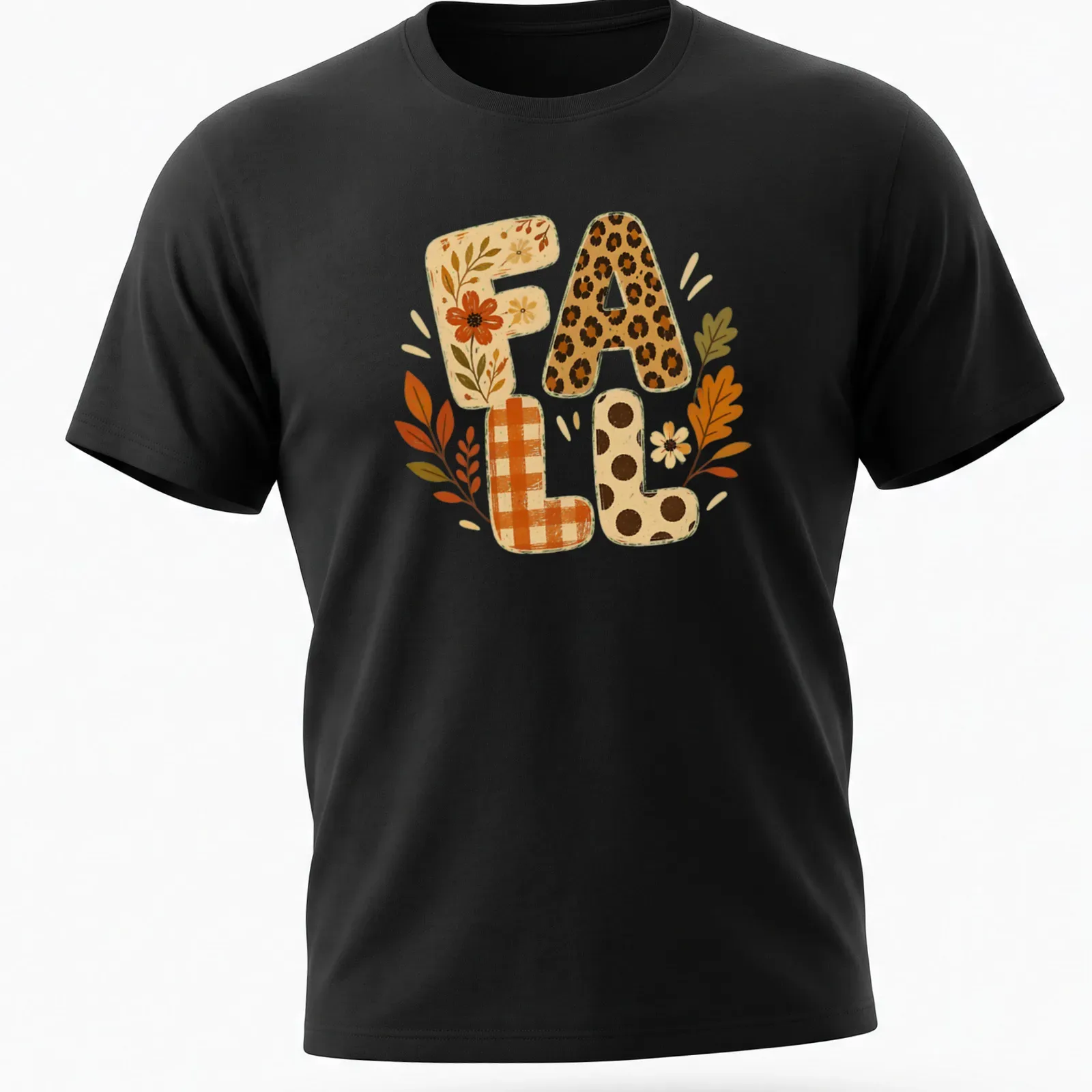 Whimsical illustration of autumn leaves and flowers with F A L L text — printed on a unisex t-shirt