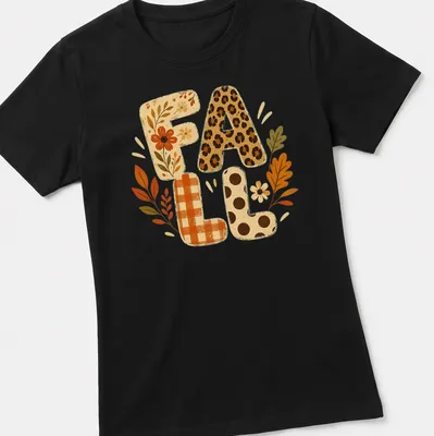 Whimsical illustration of autumn leaves and flowers with F A L L text — printed on a women's shirt