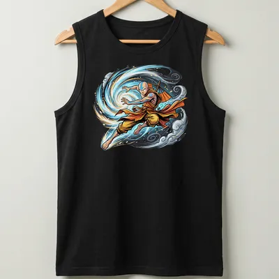 Dynamic comic-style print of Avatar Aang in airbending action — printed on a tank top