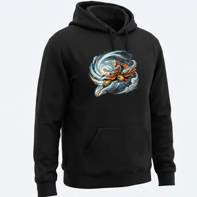 Dynamic comic-style print of Avatar Aang in airbending action — printed on a unisex hoodie
