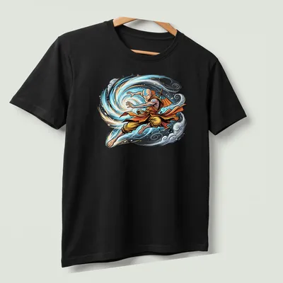 Dynamic comic-style print of Avatar Aang in airbending action — printed on a unisex t-shirt (angled view)