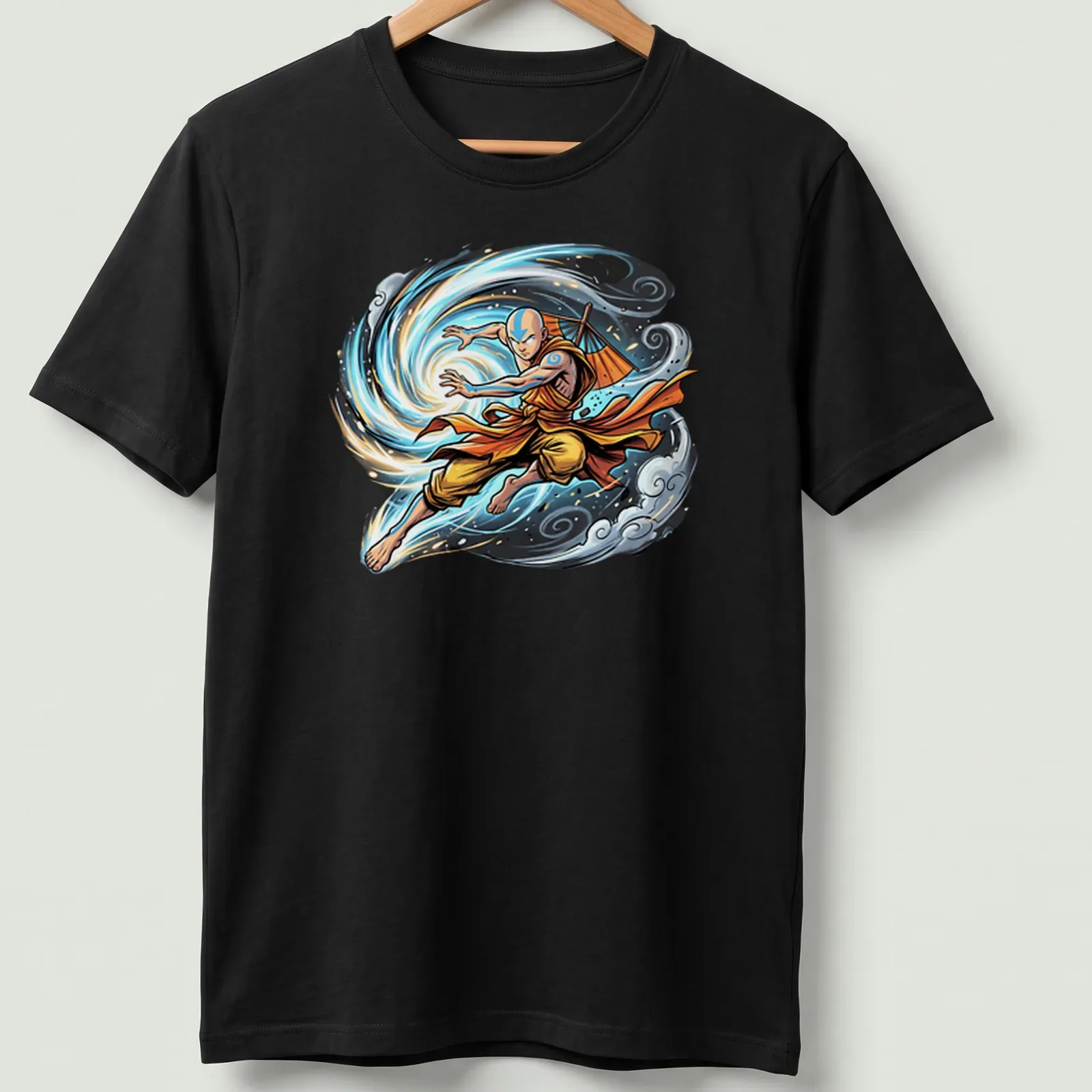 Dynamic comic-style print of Avatar Aang in airbending action — printed on a unisex t-shirt