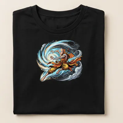 Dynamic comic-style print of Avatar Aang in airbending action — printed on a women's shirt