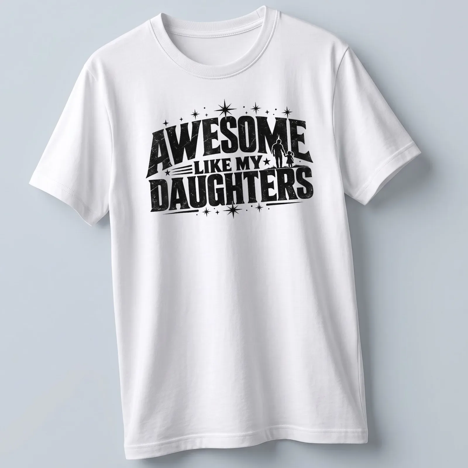 Vintage distressed tee with 'Awesome Like My Daughters' text and father-daughter illustration — printed on a unisex t-shirt