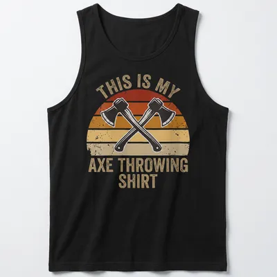 Retro distressed t-shirt featuring crossed hatchets and the text 'This Is My Axe Throwing Shirt' — printed on a tank top