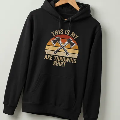 Retro distressed t-shirt featuring crossed hatchets and the text 'This Is My Axe Throwing Shirt' — printed on a unisex hoodie