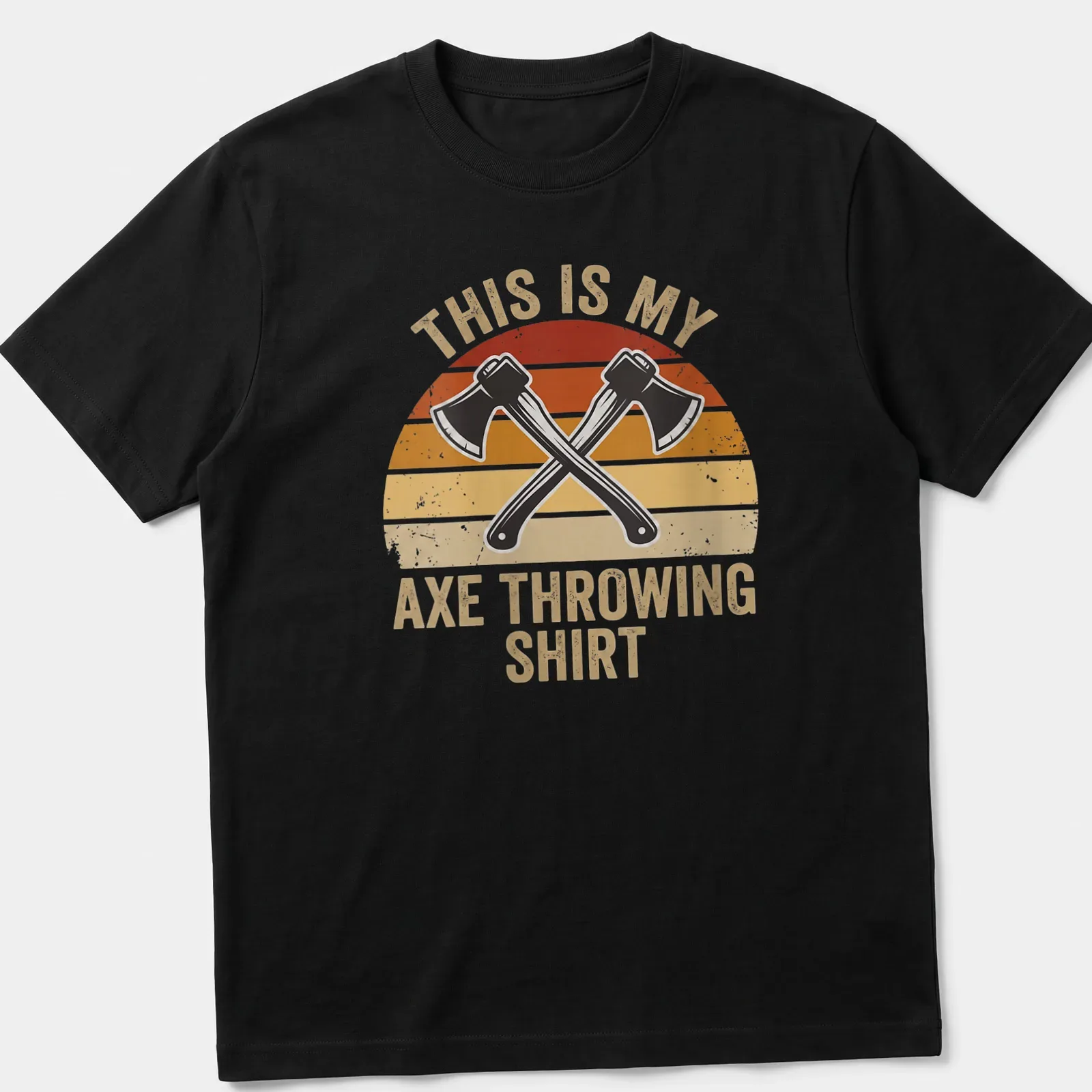Retro distressed t-shirt featuring crossed hatchets and the text 'This Is My Axe Throwing Shirt' — printed on a unisex t-shirt